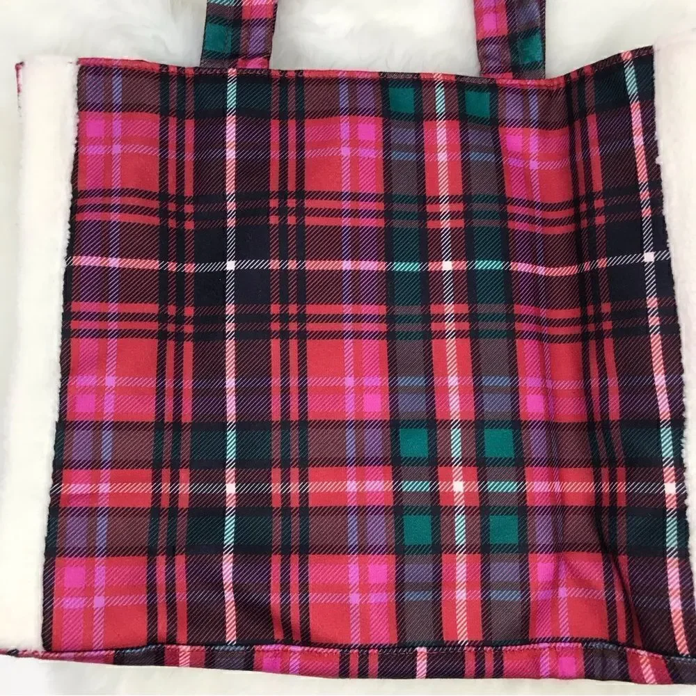 Victoria’s Secret Red Green Plaid Shearling Trim Holiday Winter Travel Tote Bag